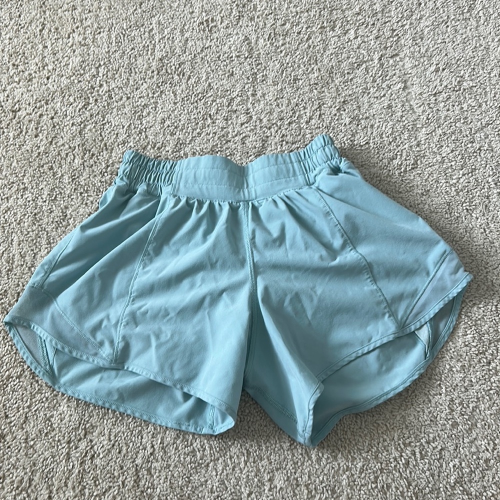Blue ish Green Lululemon Hotty Hot Shorts, Size 2, Inseam 4 inch, Good as new